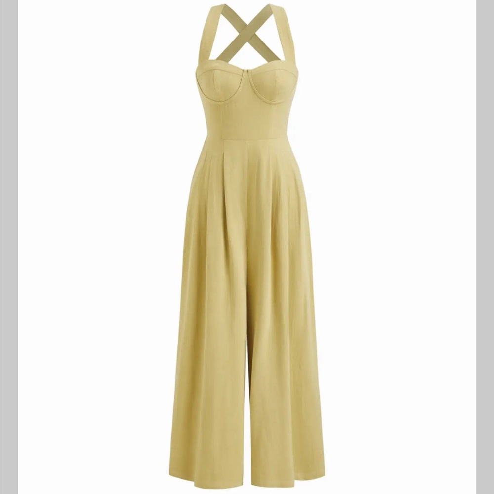 Cider LINEN-BLEND SQUARE NECK CRISS CROSS PLEATED JUMPSUIT L CC15-9 - Picture 1 of 8